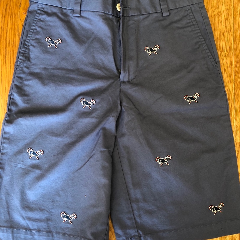 Boys size 14 navy shorts with candy cane whales